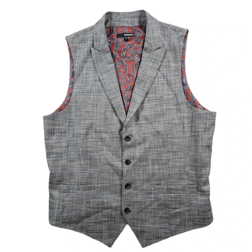 Murano Suit Vest Mens Large Grey Plaid Notched Lapel Stretch Waistcoat